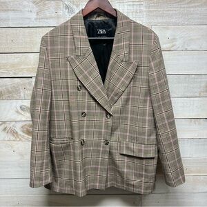 Zara Blazer Womens XL Brown Tan Pink Plaid‎ Lined Pockets Long Sleeve